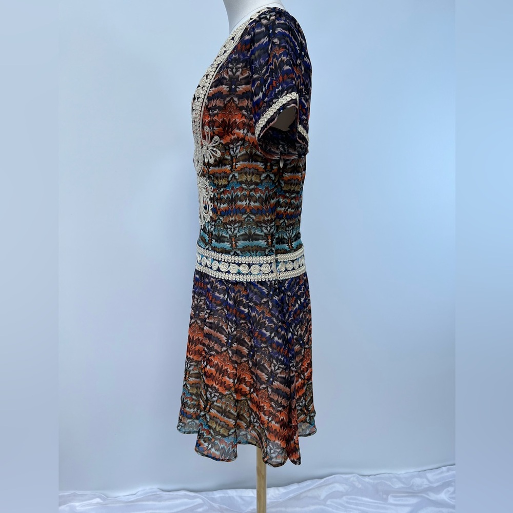 BEBE Embellished Boho Print Fit & Flare Mini Dress Short Sleeve Sz 6 NWT - Picture 5 of 16